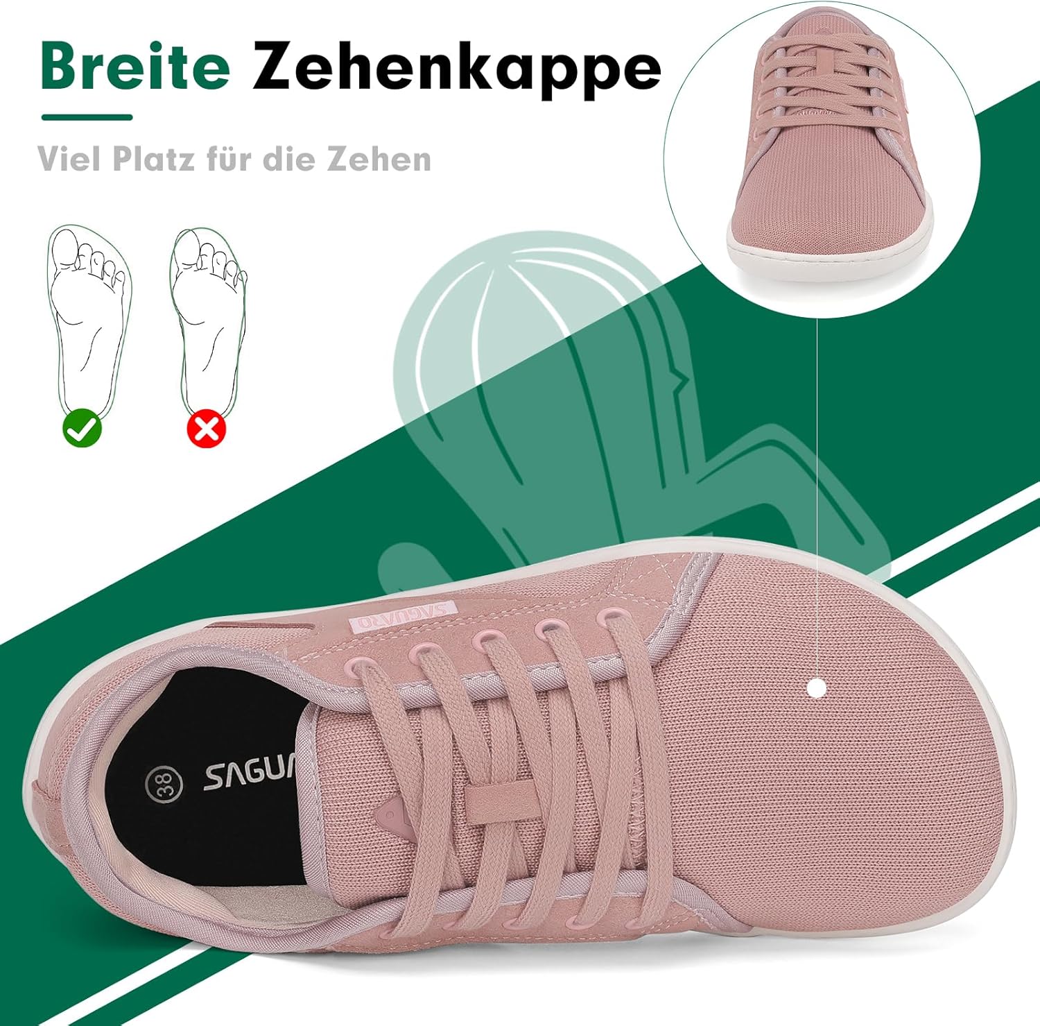 Detalle de SAGUARO Barfußschuhe Unisex Knit mit breiter Zehenbox und Zero-Drop Sohle – Luck Ⅰ, Größe 36–48