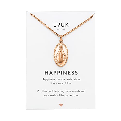 Detalle de LUUK LIFESTYLE Collar de acero inoxidable con colgante de la Virgen María y tarjeta HAPPINESS (rosa)