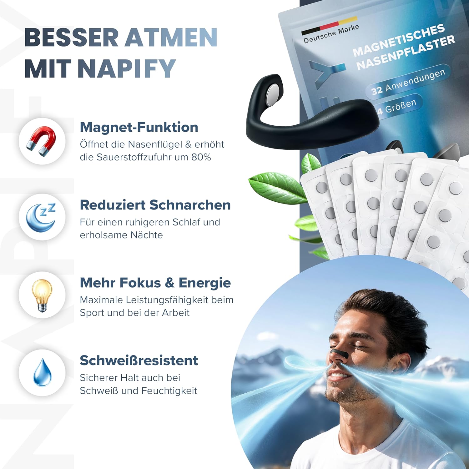 Detalle 2 de Nasenpflaster Magnet (32 Tage) – magnetische Nasenpflaster gegen Schnarchen