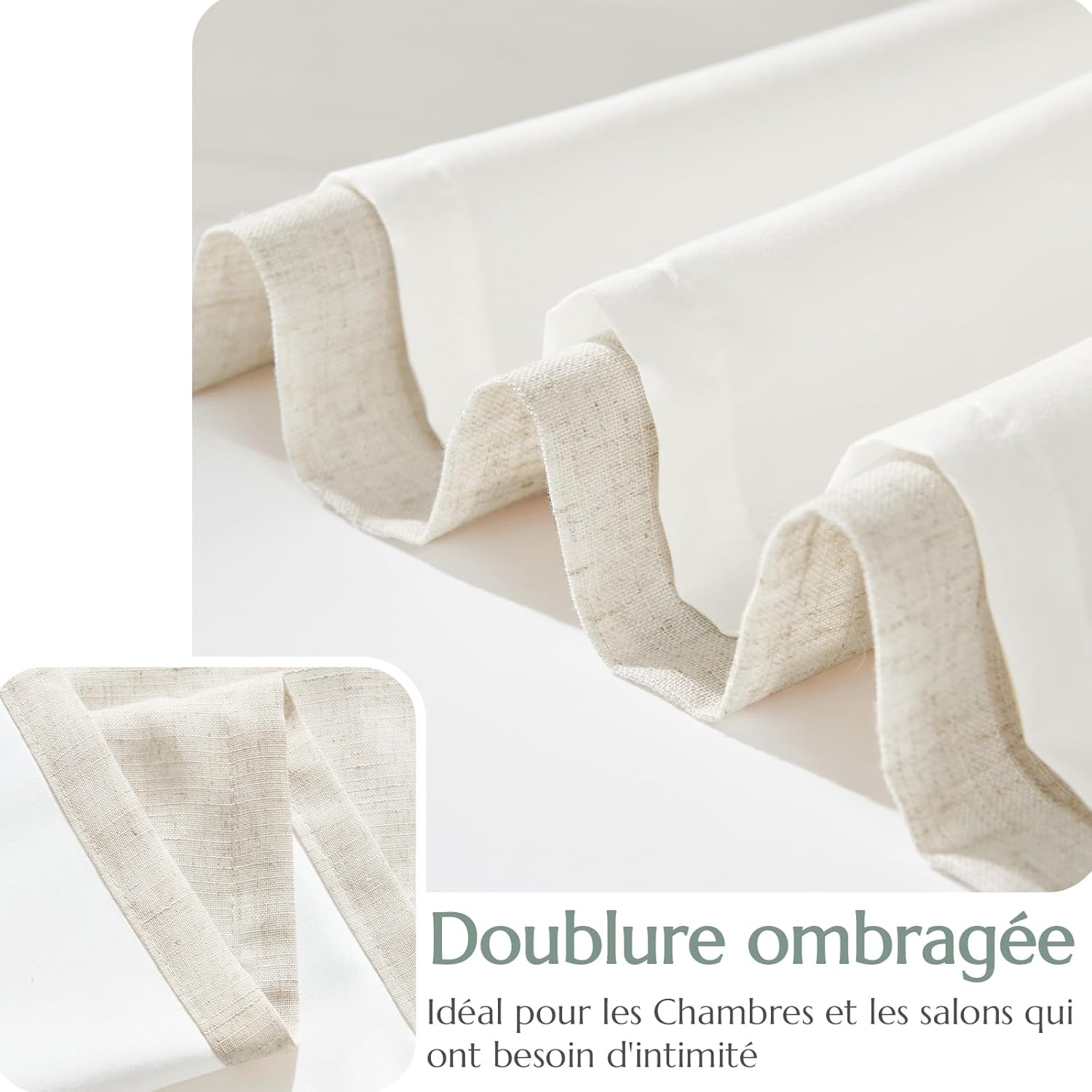 Thumbnail 2 de Vangao Rideaux Occultant Thermique en Lin Doublé – Salon Beige Naturel, Lot de 2 130 x 175 cm (Passe Tringle, Oeillets, Double Rideaux), Anti-Froid