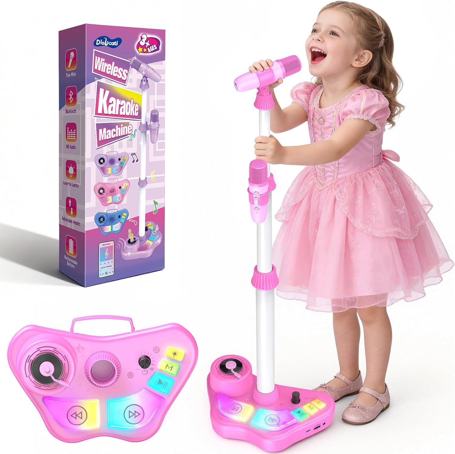Kinder-Karaoke-Set mit Karaoke-Maschine und 2 Mikrofonen (Bluetooth 5.3, TF-Karte, USB, AUX) – mit höhenverstellbarem Ständer