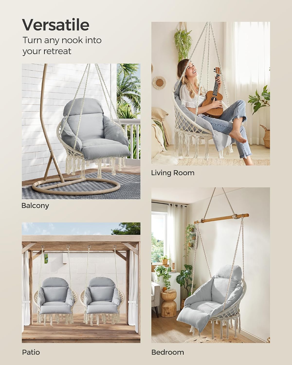 Thumbnail 6 de SONGMICS UGDC042G01 Hanging Chair with Thick Cushion, Cotton and Metal
