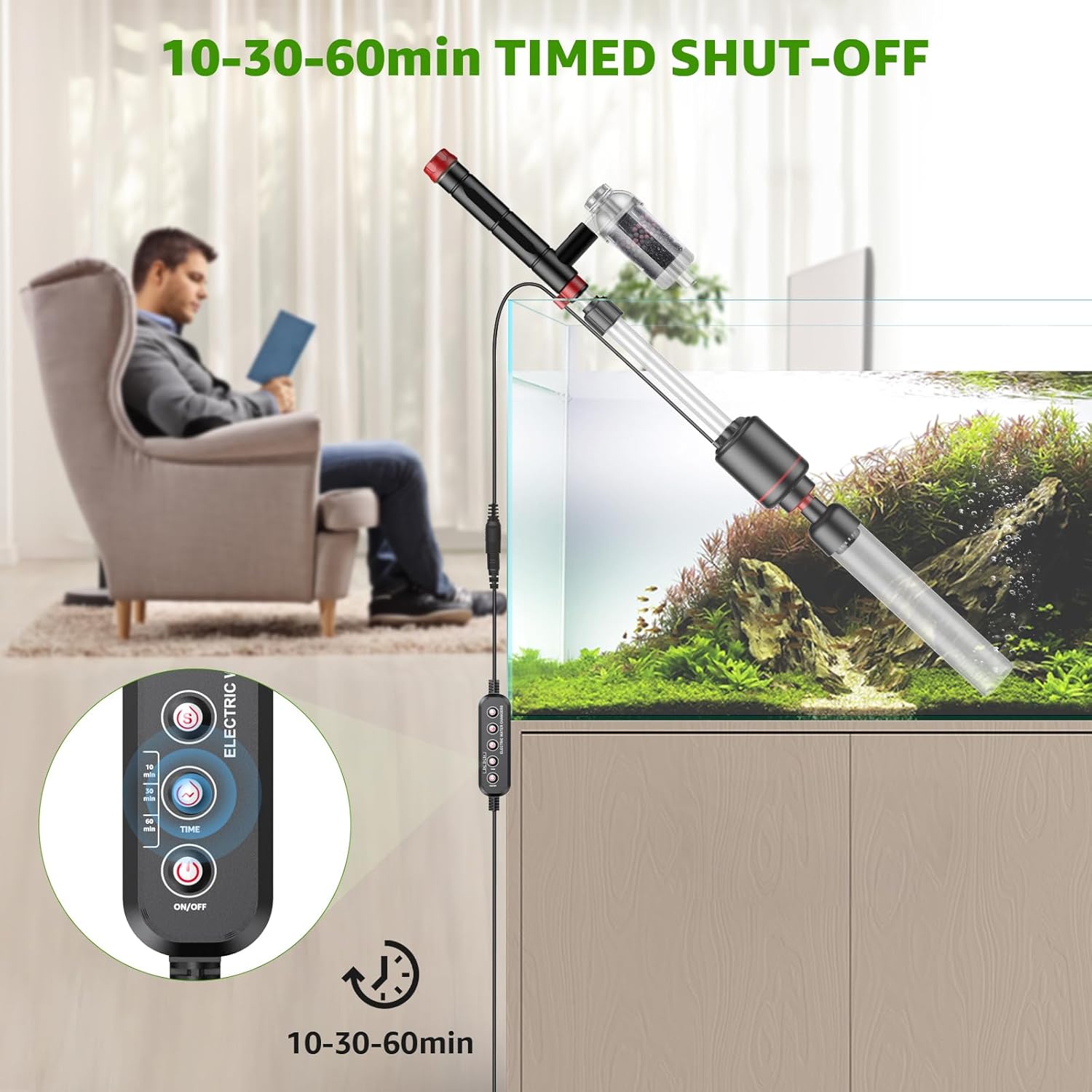 Detalle de Suness 24W Electric Aquarium Gravel Cleaner with Timed OFF — Multifunctional Fish Tank Vacuum for Automatic Water Change and Debris Removal