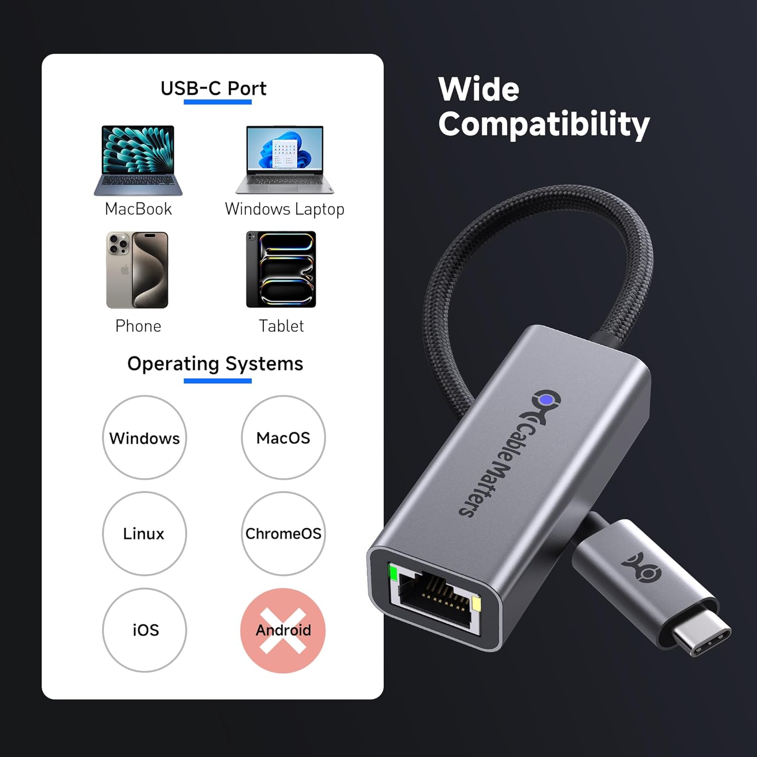Thumbnail 5 de Cable Matters USB-C to 5Gb Ethernet Adapter (USB4/Thunderbolt 4/5) — Plug & Play 5 Gigabit Networking