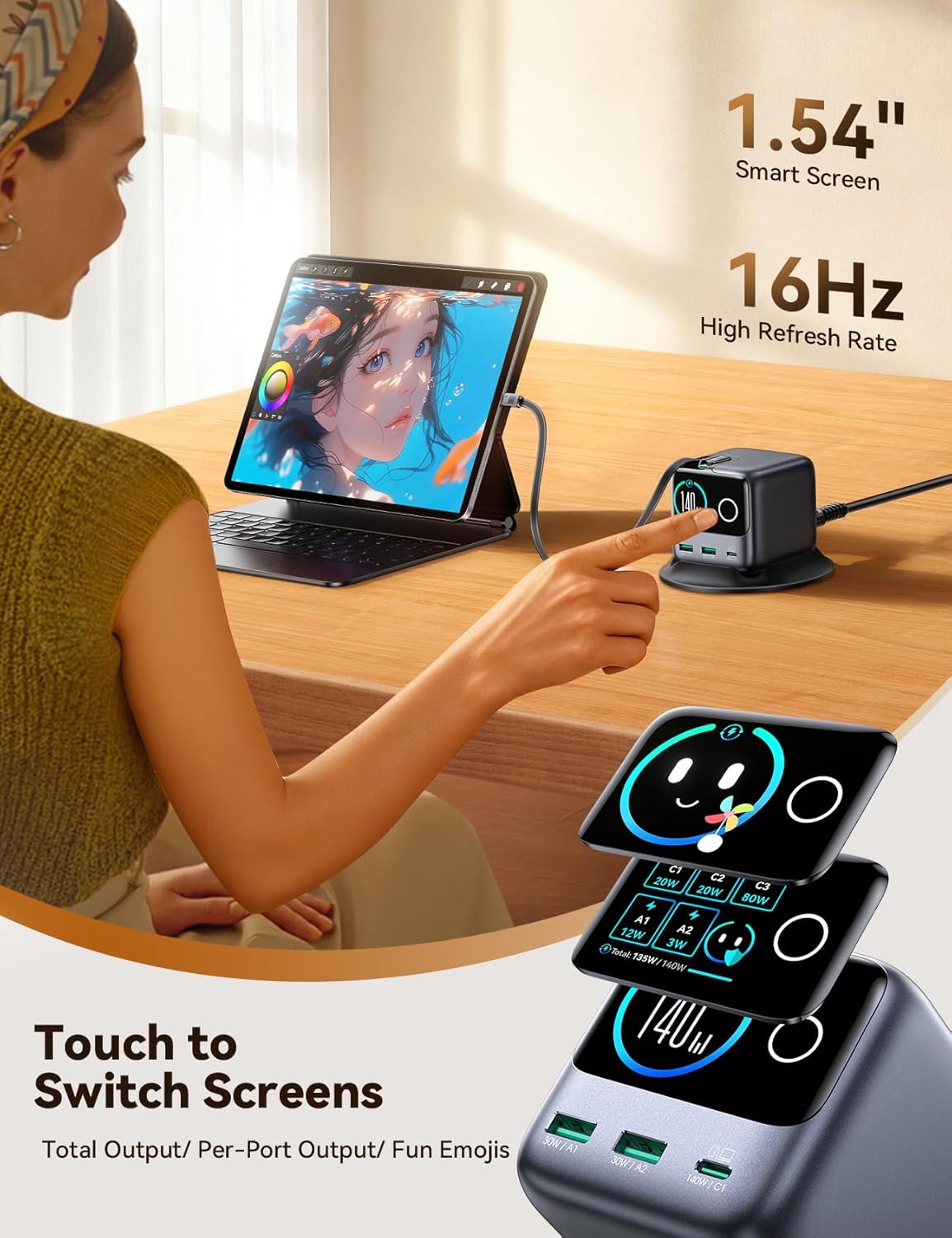 Thumbnail 4 de Station de recharge JOYROOM PODIX 5‑in‑1 140W GaN avec écran 1,54" et double câble rétractable 100W