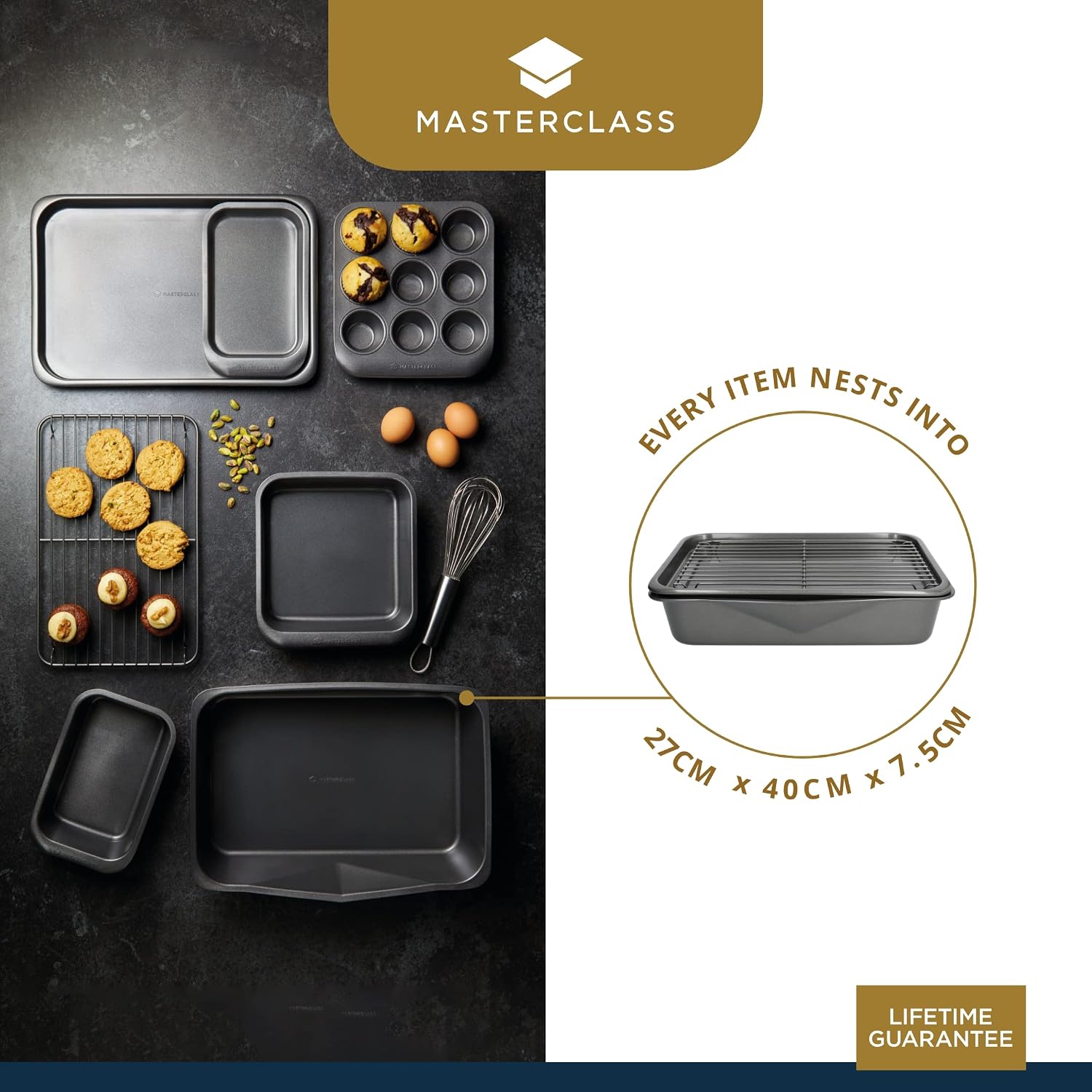 Thumbnail 6 de MasterClass Smart Space 7-delars bakset i kolstål, stapelbart med non-stick