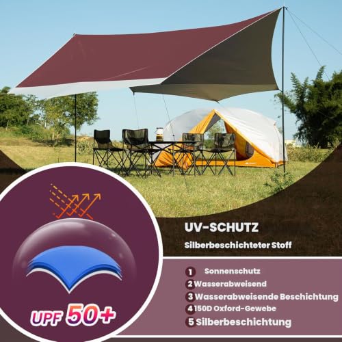 Detalle de Forceatt Camping Tarp mit 2 Stangen – wasserdicht, UV-Schutz, 4,6 × 5,2 m