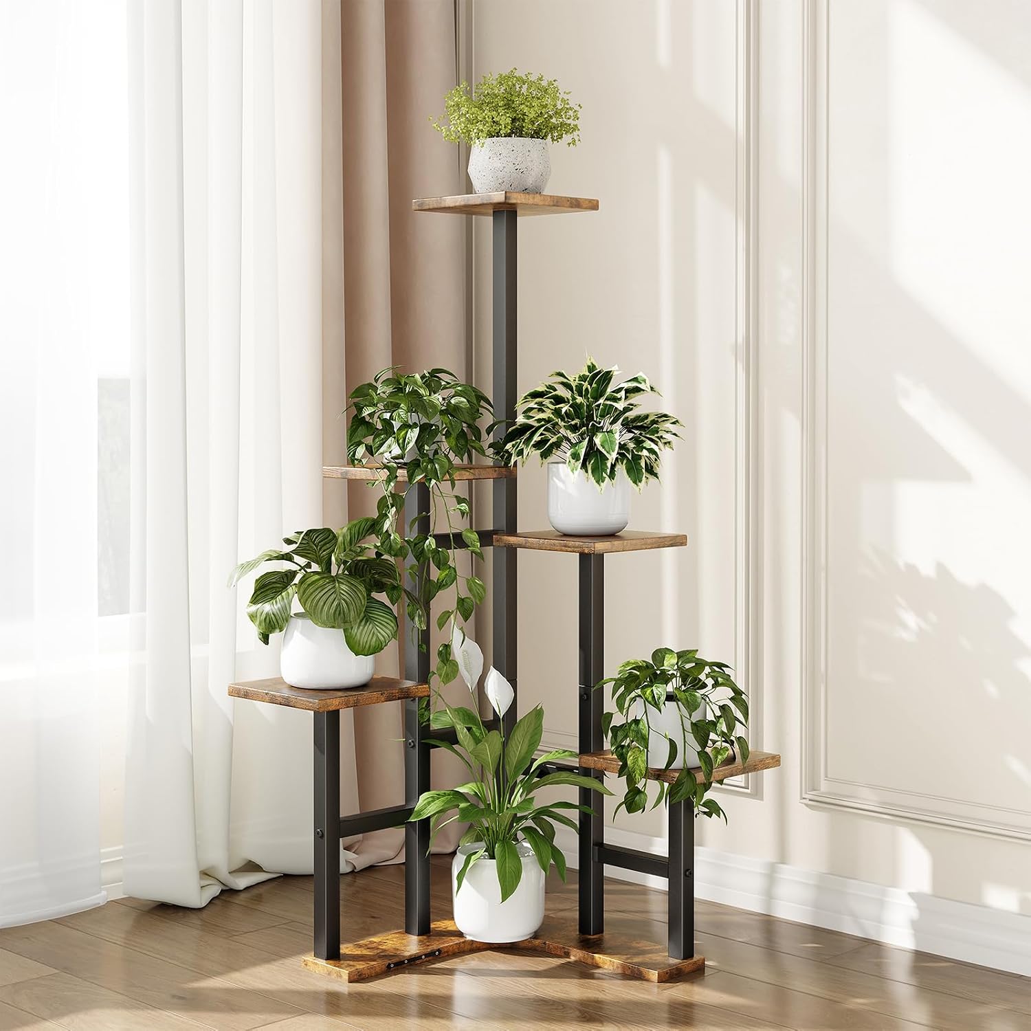 Thumbnail 6 de Yzosvki PLS0004BR 6-Tier Corner Plant Stand with Rustic Brown Shelves