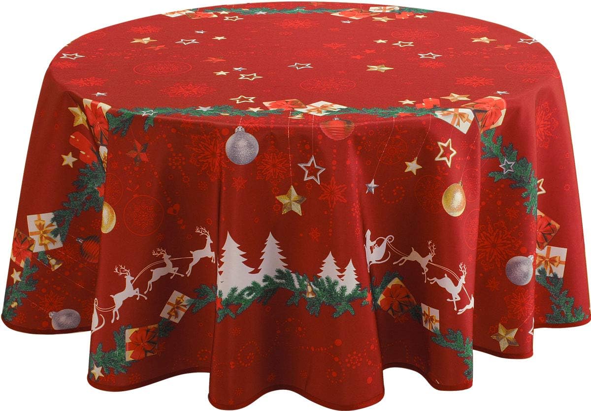 Detalle de Le linge de Jules Christmas Red Stain-Resistant Round Tablecloth, Ø 160 cm