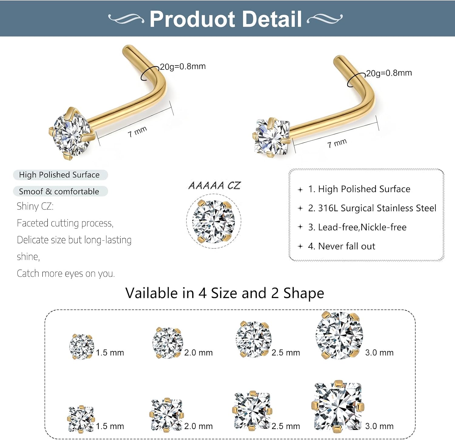 Detalle 2 de XoCiuKe Nose Studs 20G