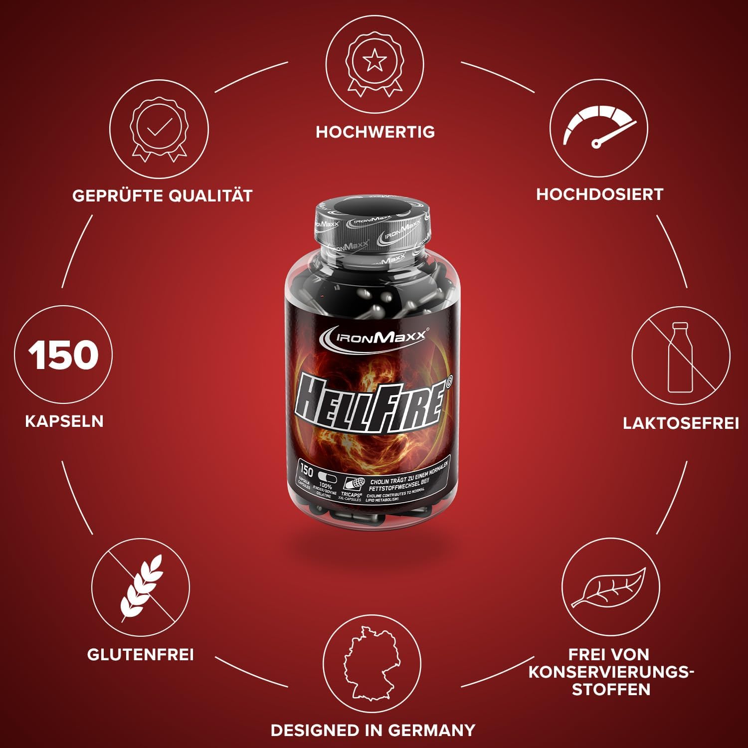 Detalle de IronMaxx Hellfire – Hochdosiertes Nahrungsergänzungsmittel mit Pflanzenextrakten, Koffein, Niacin und Cholin – 150 Kapseln