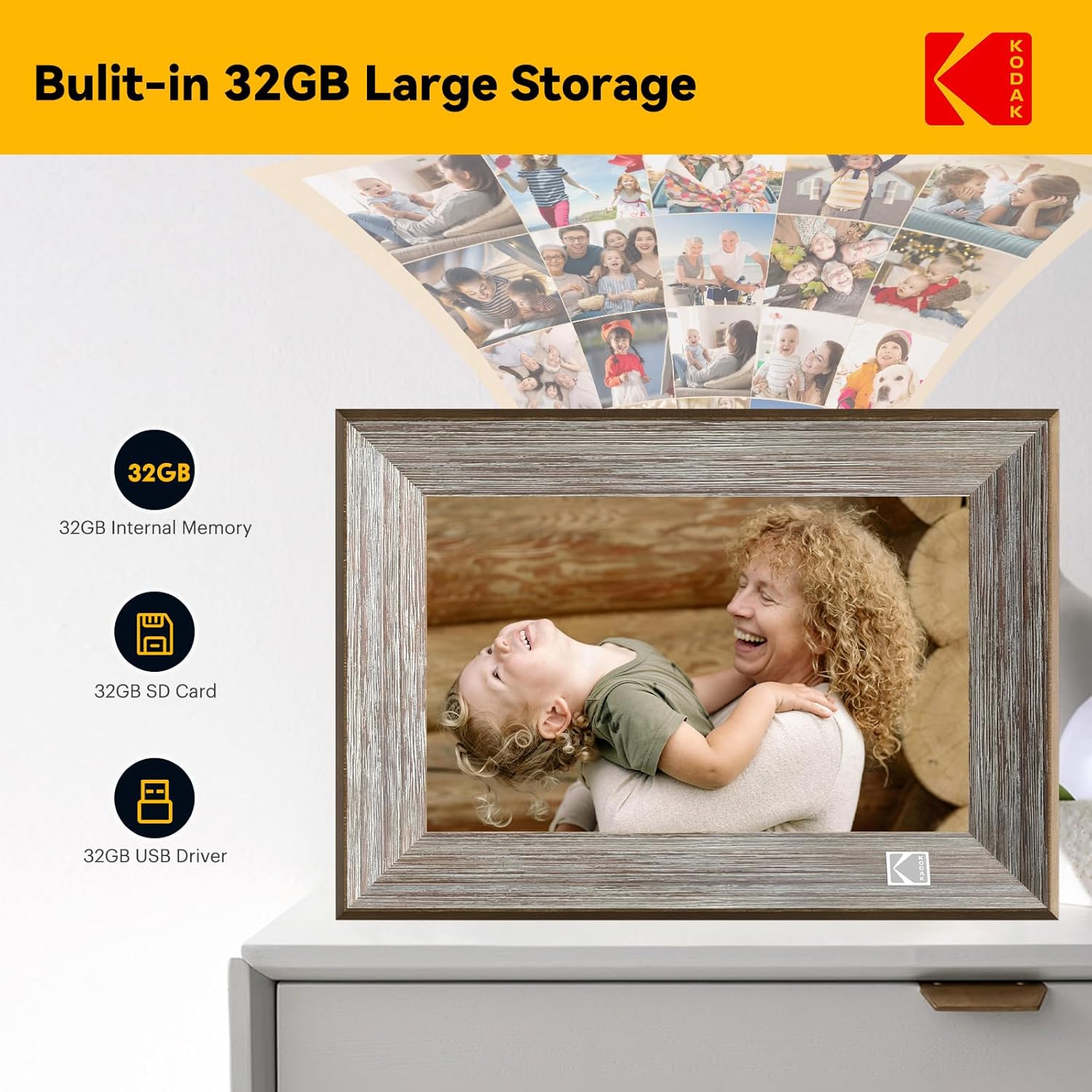 Detalle de KODAK Cadre Photo Numérique WiFi 10'' — Cadre Photo Bois avec Écran Tactile IPS, 32 Go, Partage via App