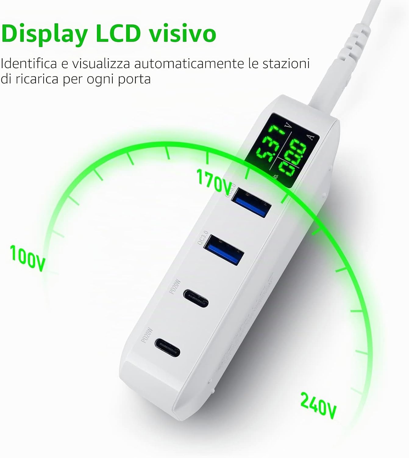 Thumbnail 5 de Ideallife Stazione di Ricarica USB a 4 Porte da 70W con Display LCD e PD20W/QC3.0