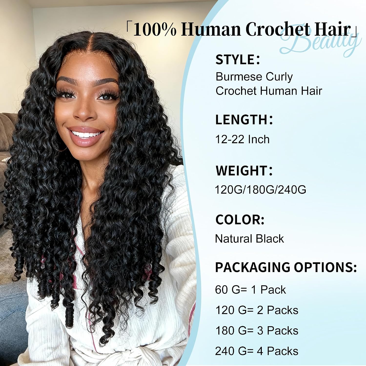 Detalle 2 de KULYMUWIG 16-Inch Burmese Curly Human Crochet Hair with Pre-Separated Feather Bundles