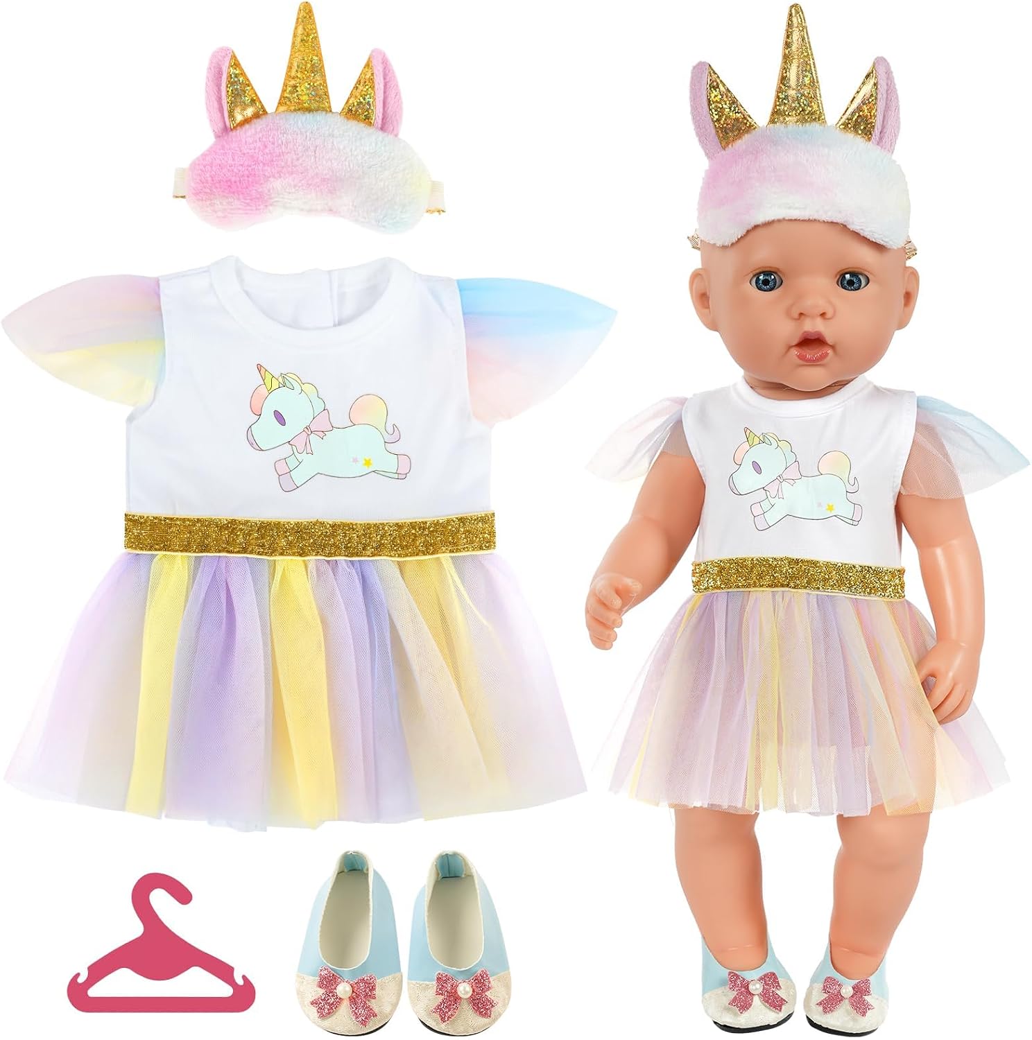 Detalle de Set vestiti per bambola Aolso con unicorno (abito, cappello, scarpe e gruccia) per bambole 35–45 cm