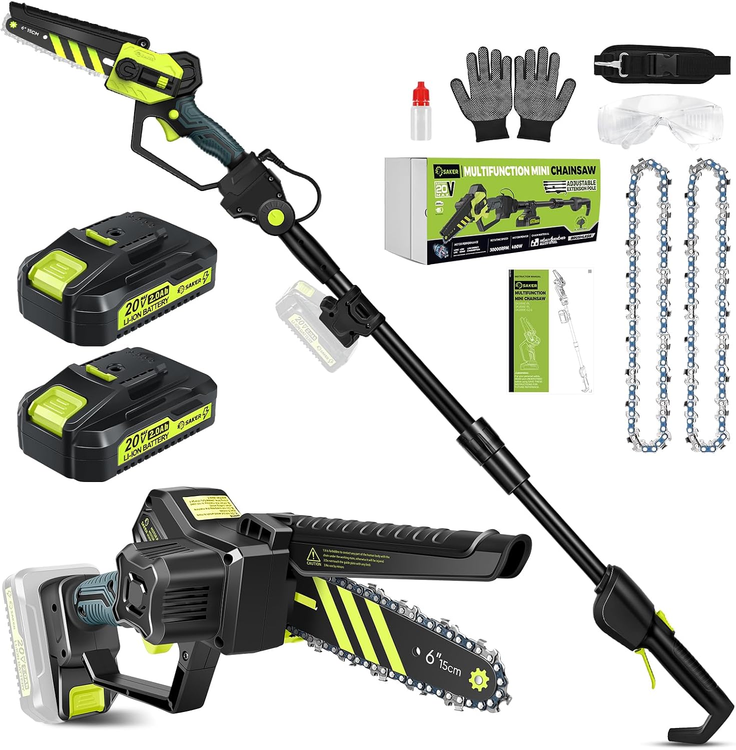 Detalle de Saker Cordless Pole Saw and Mini Chainsaw 2-in-1 with 78.74" reach 📏
