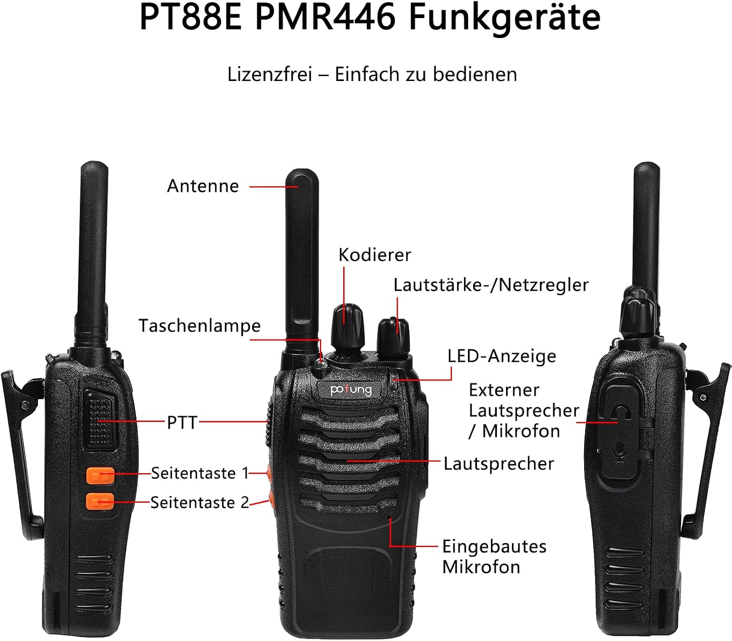Detalle 2 de PMR446 Funkgerät PT88E 16 Kanäle von 500 m