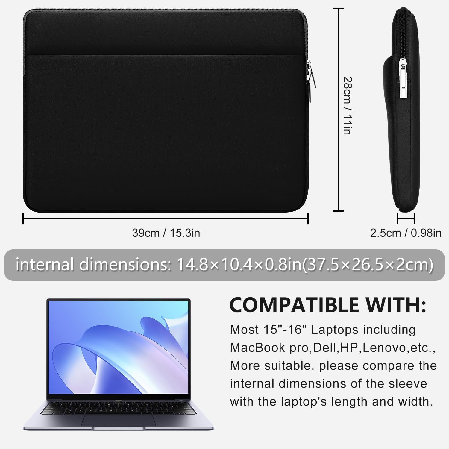 Detalle de HEDUGO 15–16 Inch Laptop Sleeve with Front Pocket – Black