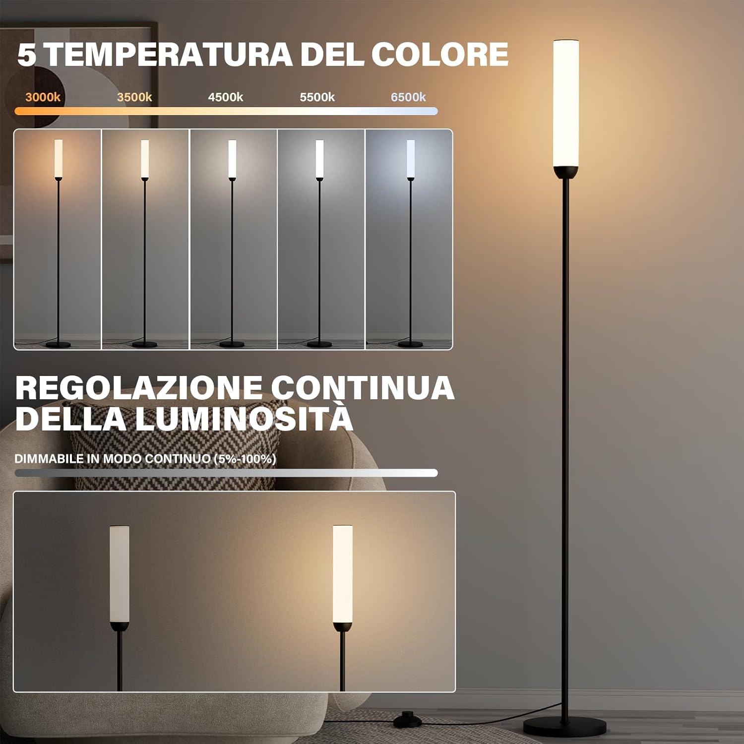 Thumbnail 1 de PreeOtti LED-Stehlampe für Wohnzimmer, dimmbar, mit Fernbedienung & 5 Farbtemperaturen (schwarz)