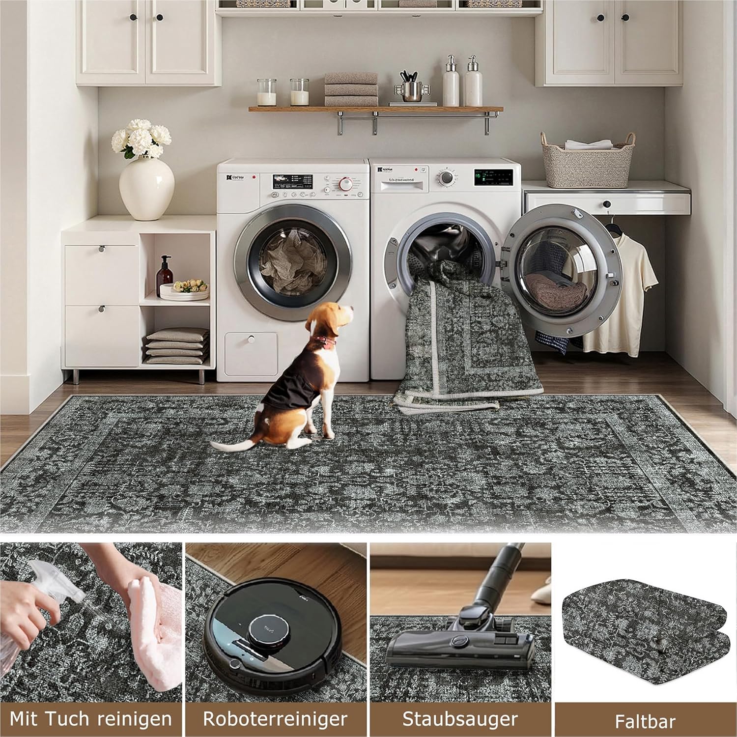 Thumbnail 3 de HUGEAR Vintage Tiefschwarz waschbarer Teppich 60x90 cm – rutschfest für Eingangsbereich & Bad