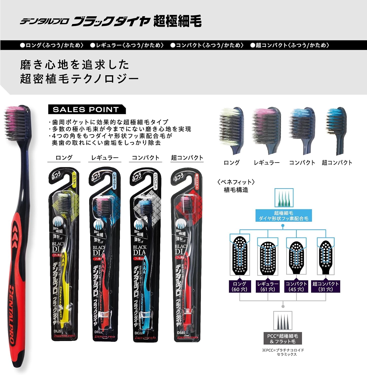 Detalle de デンタルプロ ブラックダイヤ 超極細毛歯ブラシ レギュラー・かため 4本+フロスピック2個付き
