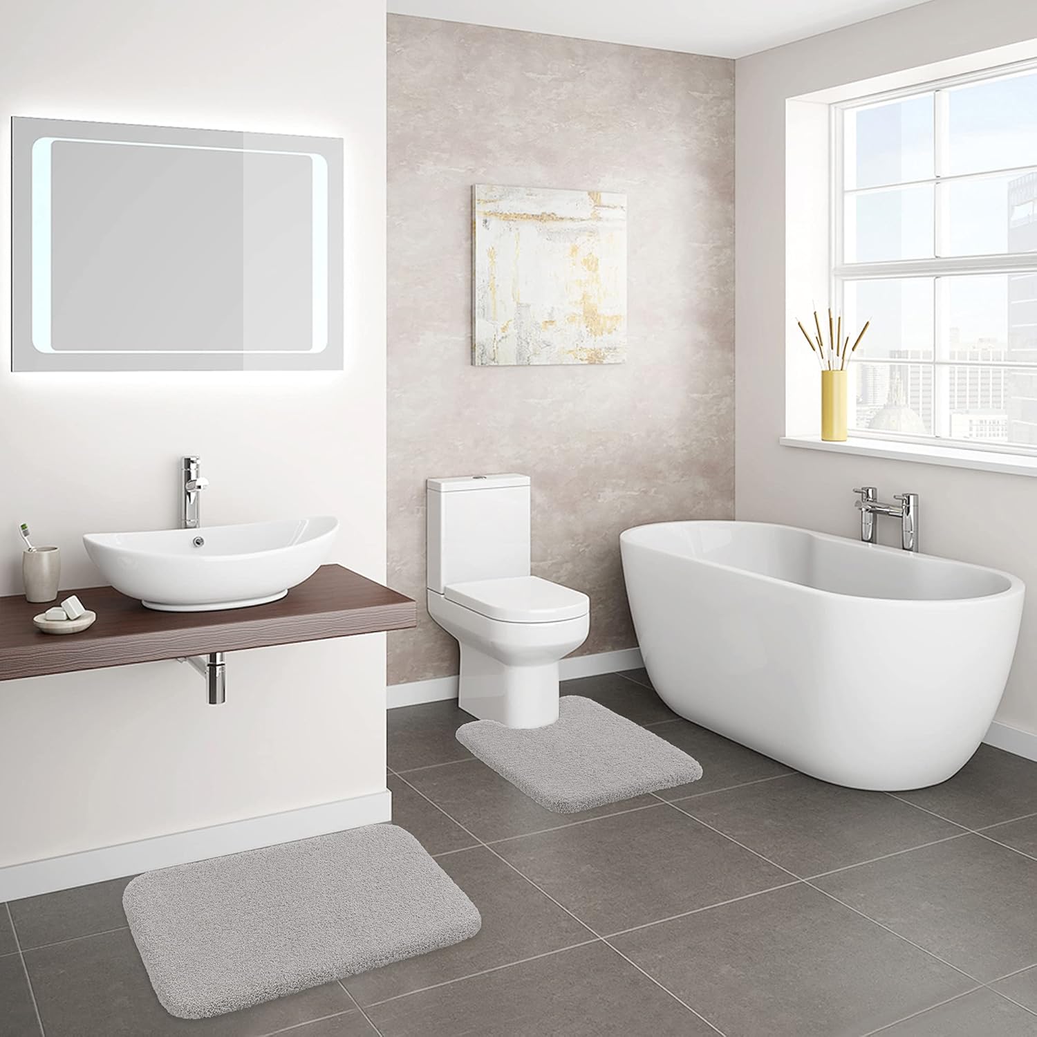 Thumbnail 1 de VANZAVANZU Lot de Tapis de Bain Antidérapants épais 50 x 80 cm + Tapis Contour WC 50 x 60 cm – Gris clair