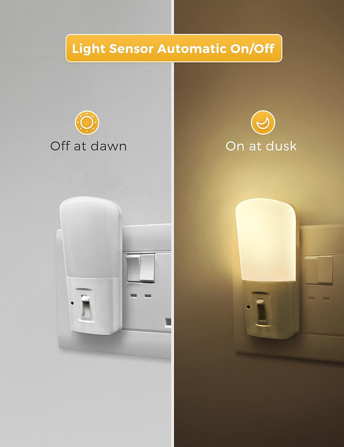 Detalle de LOHAS Dusk to Dawn Plug-in Night Light (2-Pack) – Dimmable Warm White 3000K, 5–80 LM, Auto On/Off