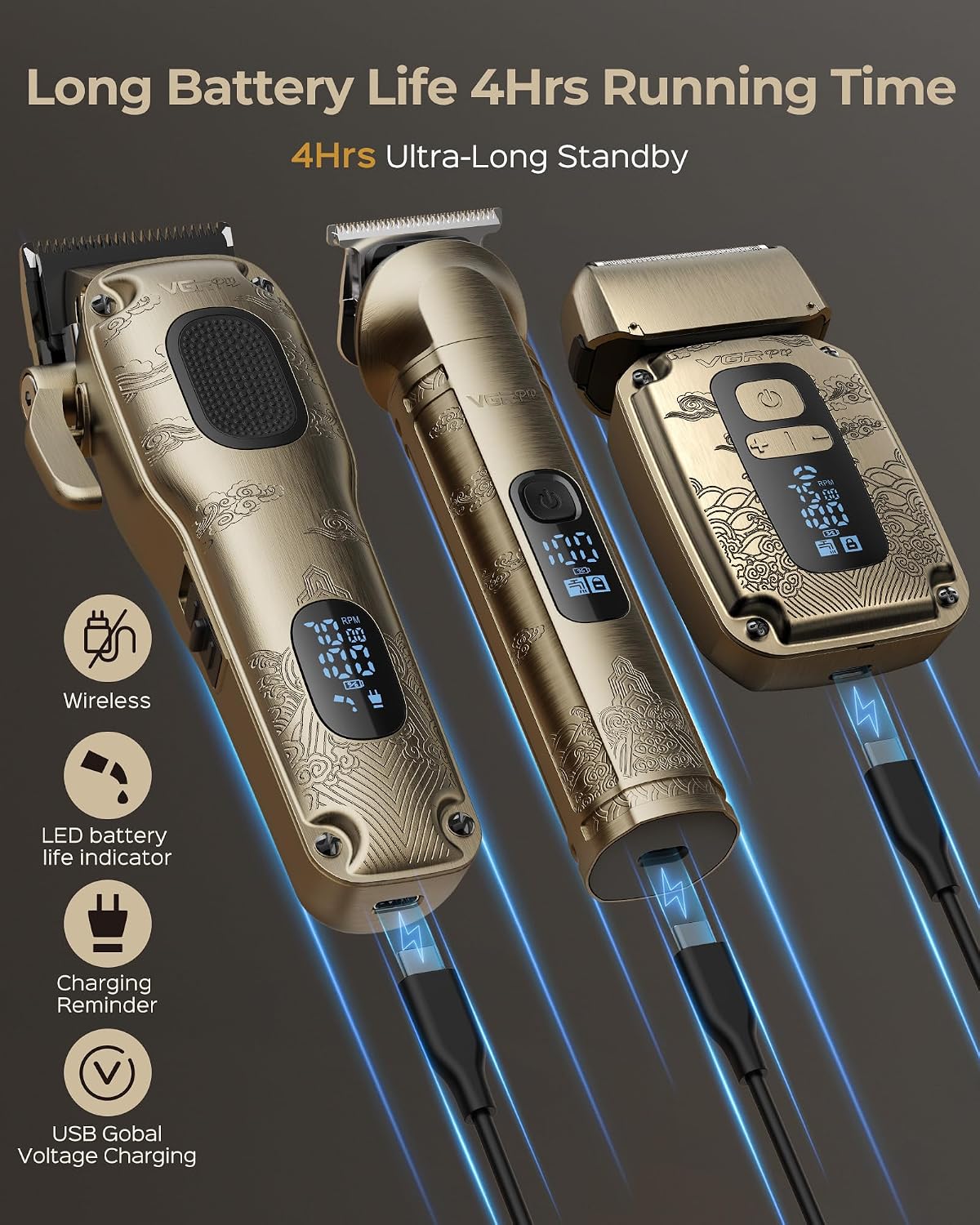 Detalle de Vgrpro Hair Clippers & Trimmers Set for Men with Waterproof Foil Shaver, Cordless, 4-Speed LED Display