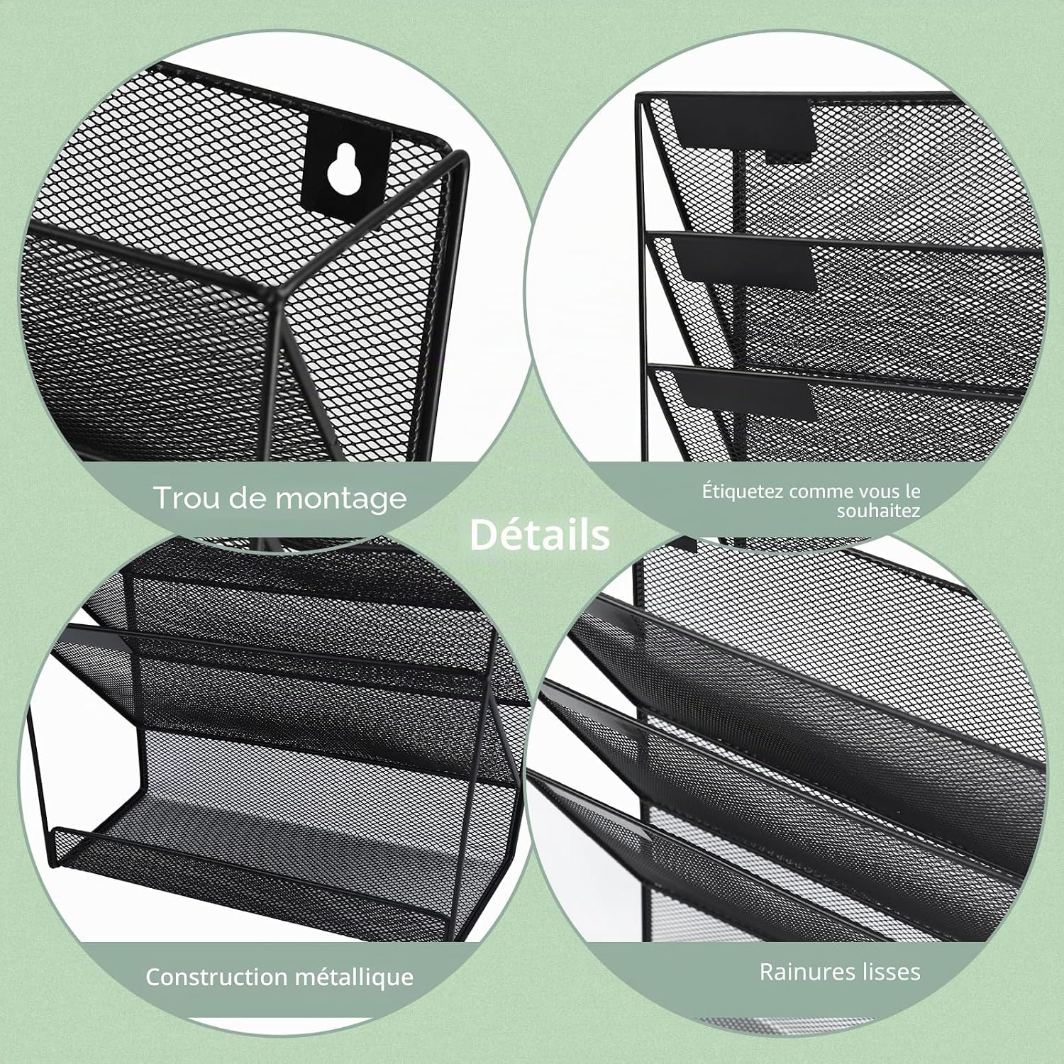 Detalle 2 de IOUGDSEC Étagère Murale à 4 Niveaux en Maille Tissée A4 — Organiseur de Bureau en Maille Métallique Durable