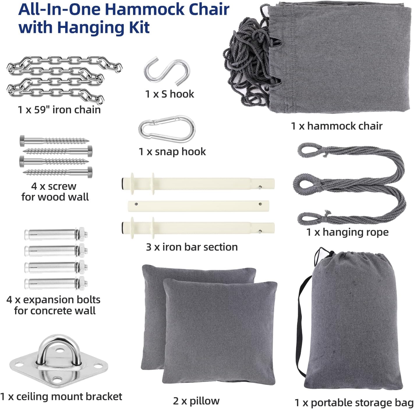 Thumbnail 6 de Ohuhu XL Portable Hanging Swing Chair with Hardware Kit (with 2 Cushions) - Gray