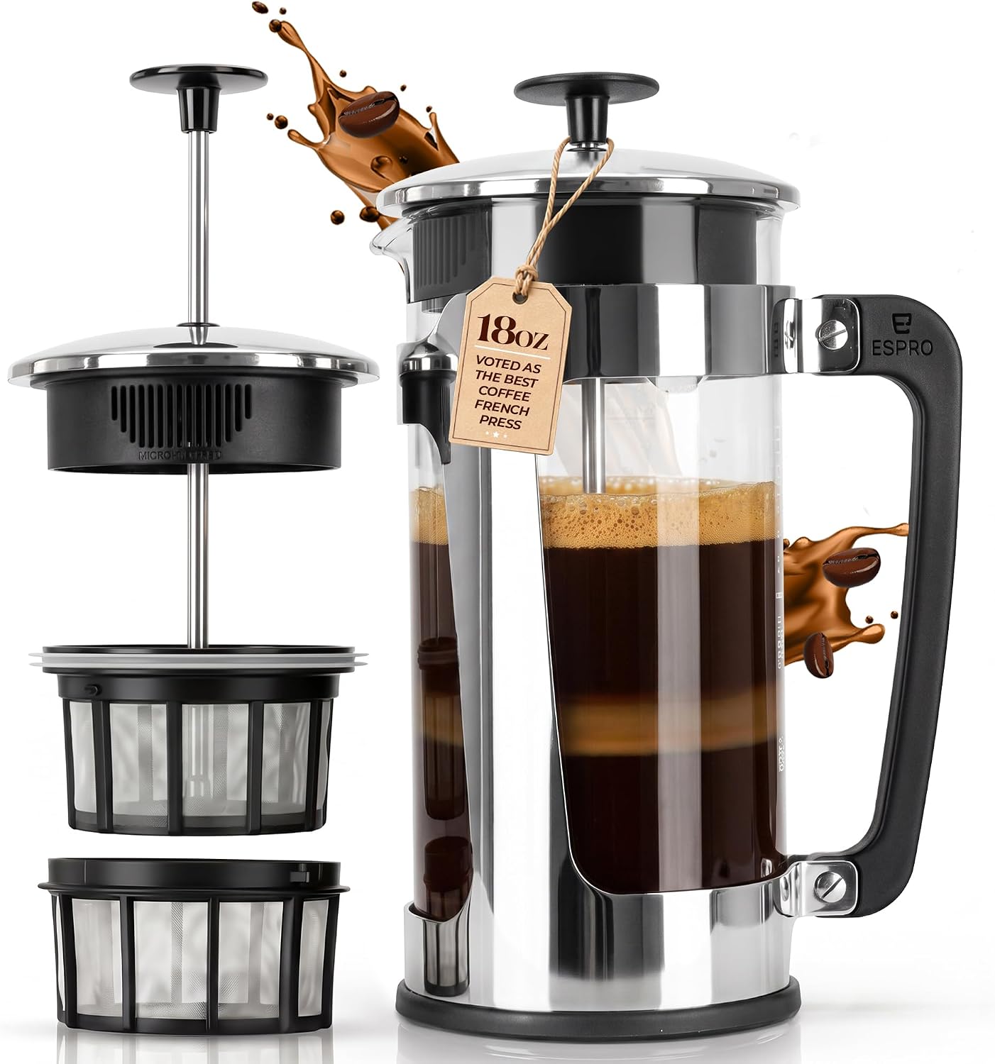 Detalle de ESPRO P5 1218C koffiepers van glas en roestvrij staal, 532 ml