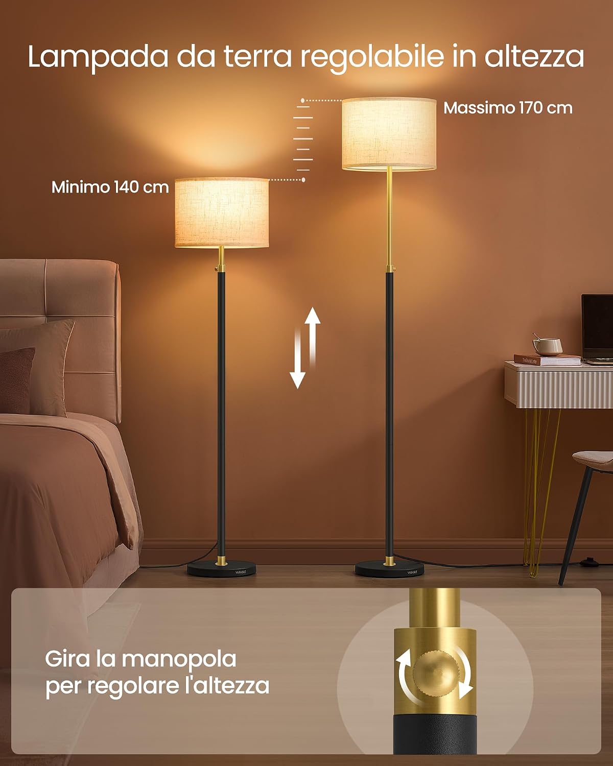 Thumbnail 2 de VASAGLE Lampada da Terra LFL002B02: lampada regolabile in altezza con paralume in tessuto e interruttore a pedale