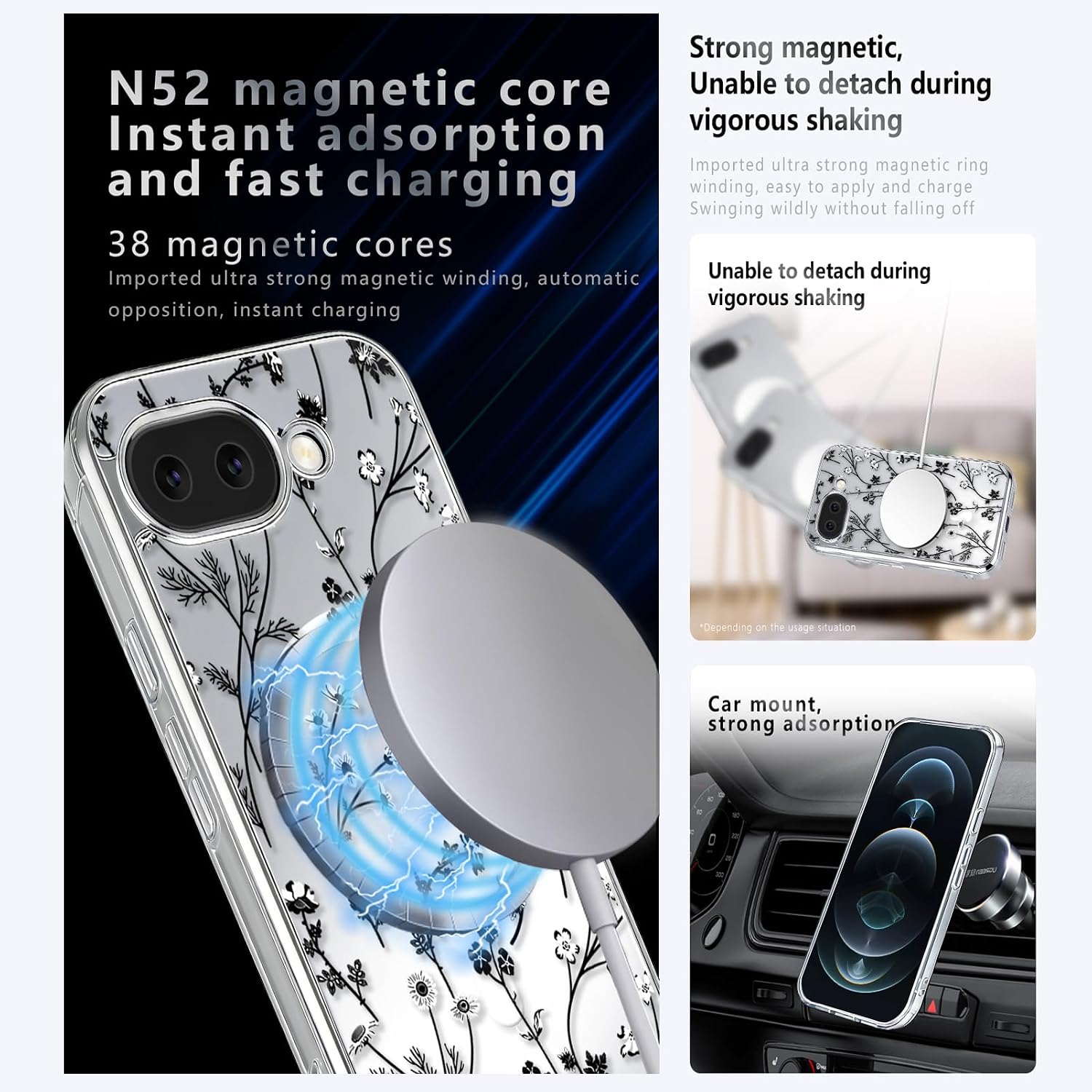 Detalle 2 de Oxytter Google Pixel 10A Magnetic Case, Clear Matte Floral TPU and PC Cover