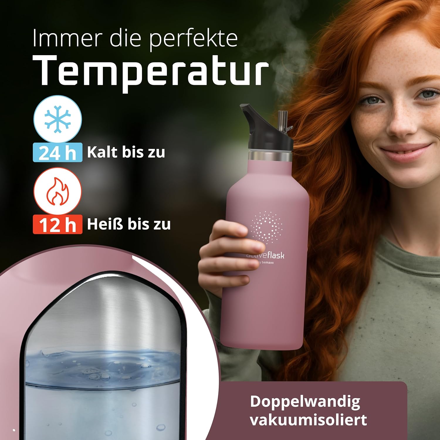 Thumbnail 3 de Edelstahl-Trinkflasche mit Strohhalm & Infuser plus 3 Deckeln – BPA-frei, auslaufsicher, kohlensäuregeeignet