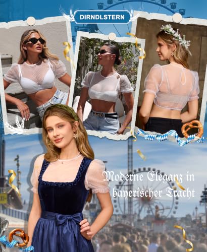 Detalle 2 de DIRNDLSTERN Dirndlbluse Damen Weiß – Transparente Punktebluse mit Puffärmeln, Kurzarm