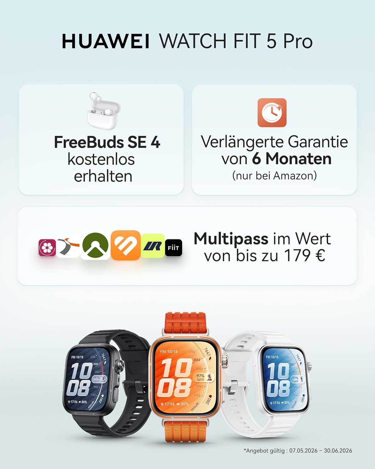 Detalle de Huawei Watch FIT 5 Pro Smartwatch + FreeBuds SE 4 Weiß – GPS, EKG, Schlaftracker, 1,92" Display, NFC und bis zu 10 Tage Akku