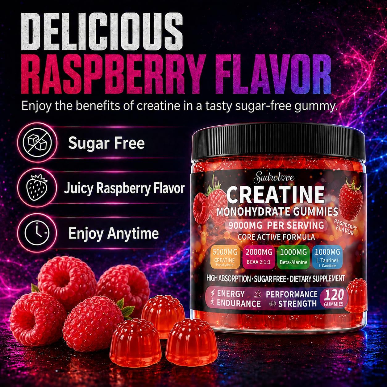 Detalle de sudrolove Creatine Monohydrate Gummies, 5,000 mg, 120 Count
