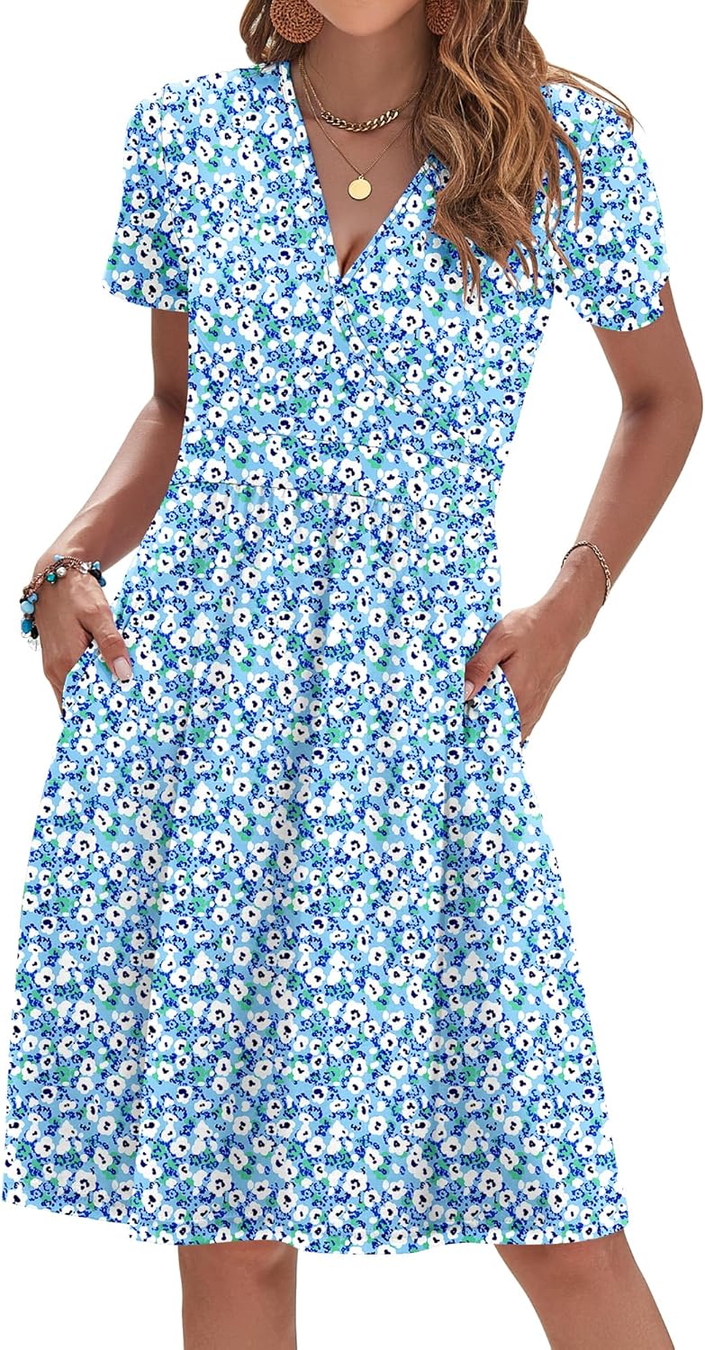 Detalle de AUSELILY Womens Summer Dresses 2026 Short Sleeve V Neck Floral Sundress with Pockets