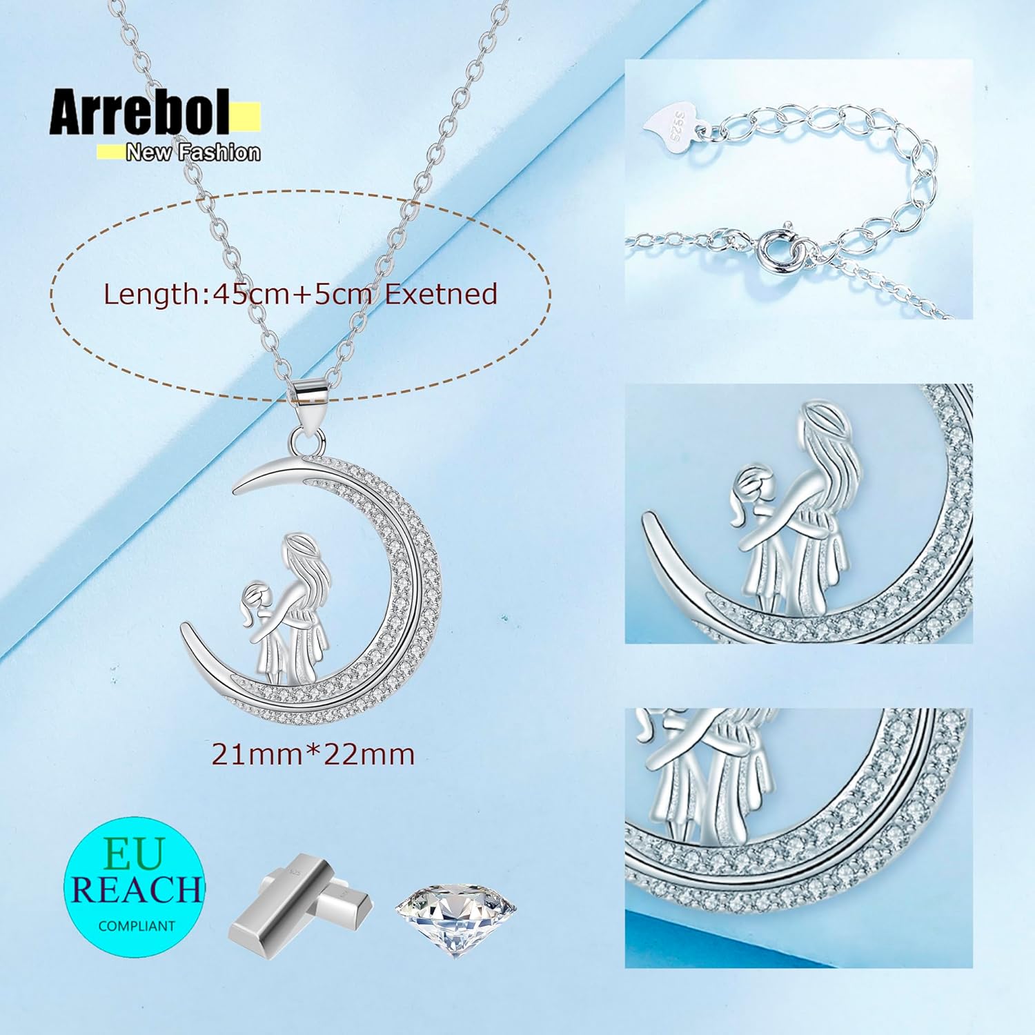 Thumbnail 4 de Arrebol Mutter- und Tochter-Halskette Silber 925 mit Mondanhänger – 45 cm ± 5 cm, Geschenkidee