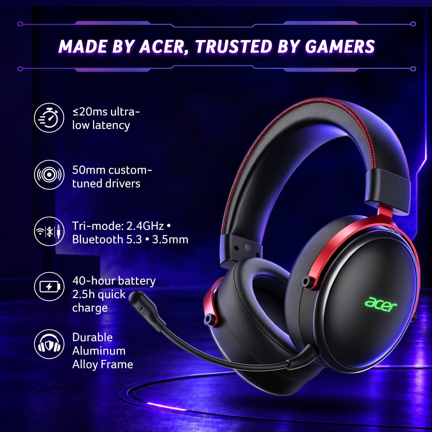 Detalle 2 de Acer Wireless Gaming Headset, 50mm Drivers