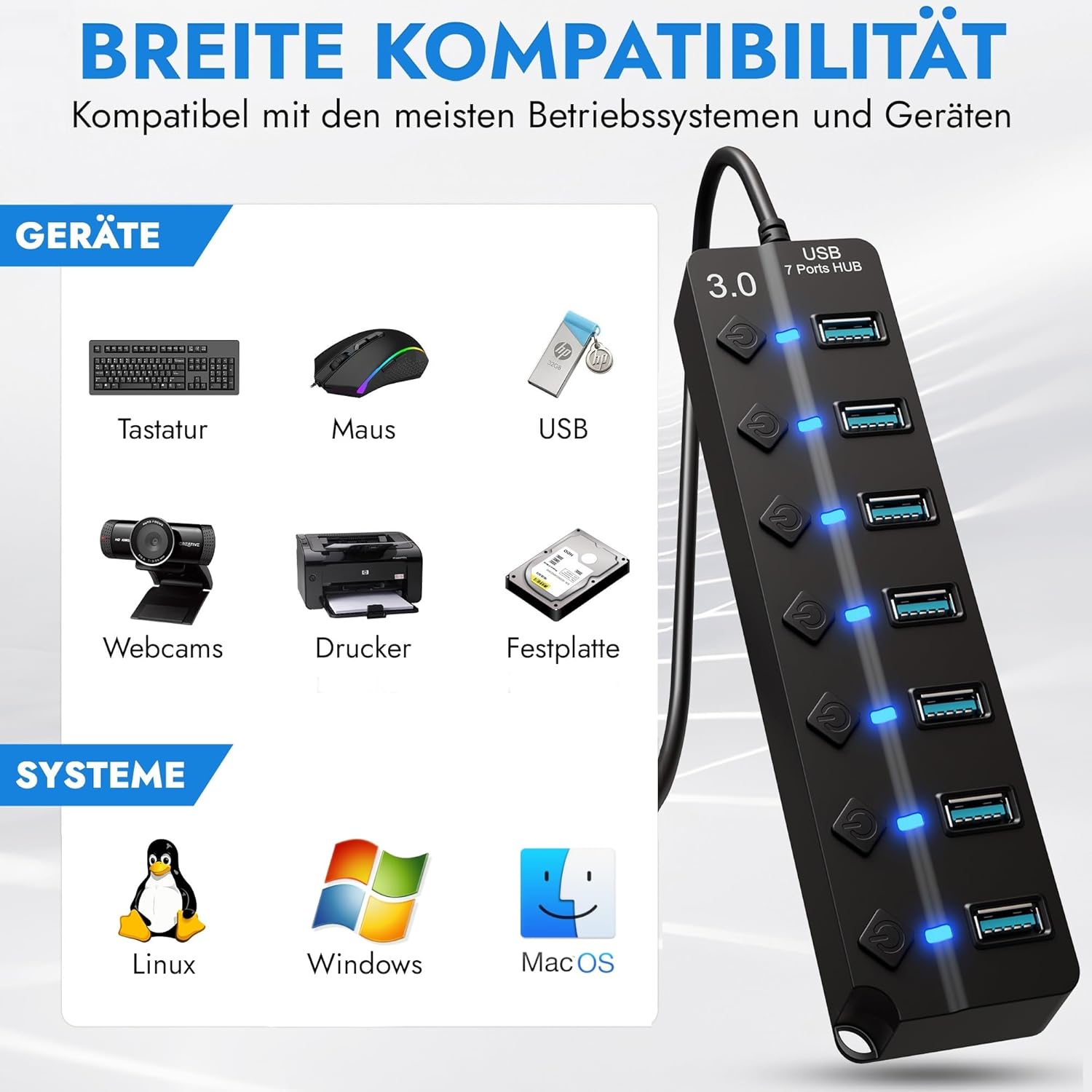 Thumbnail 4 de GLOBAL TECH 7-Port USB Hub 3.0 mit Ein/Aus-Schaltern & LED-Anzeigen (USB-Verteiler, 7 Ports)