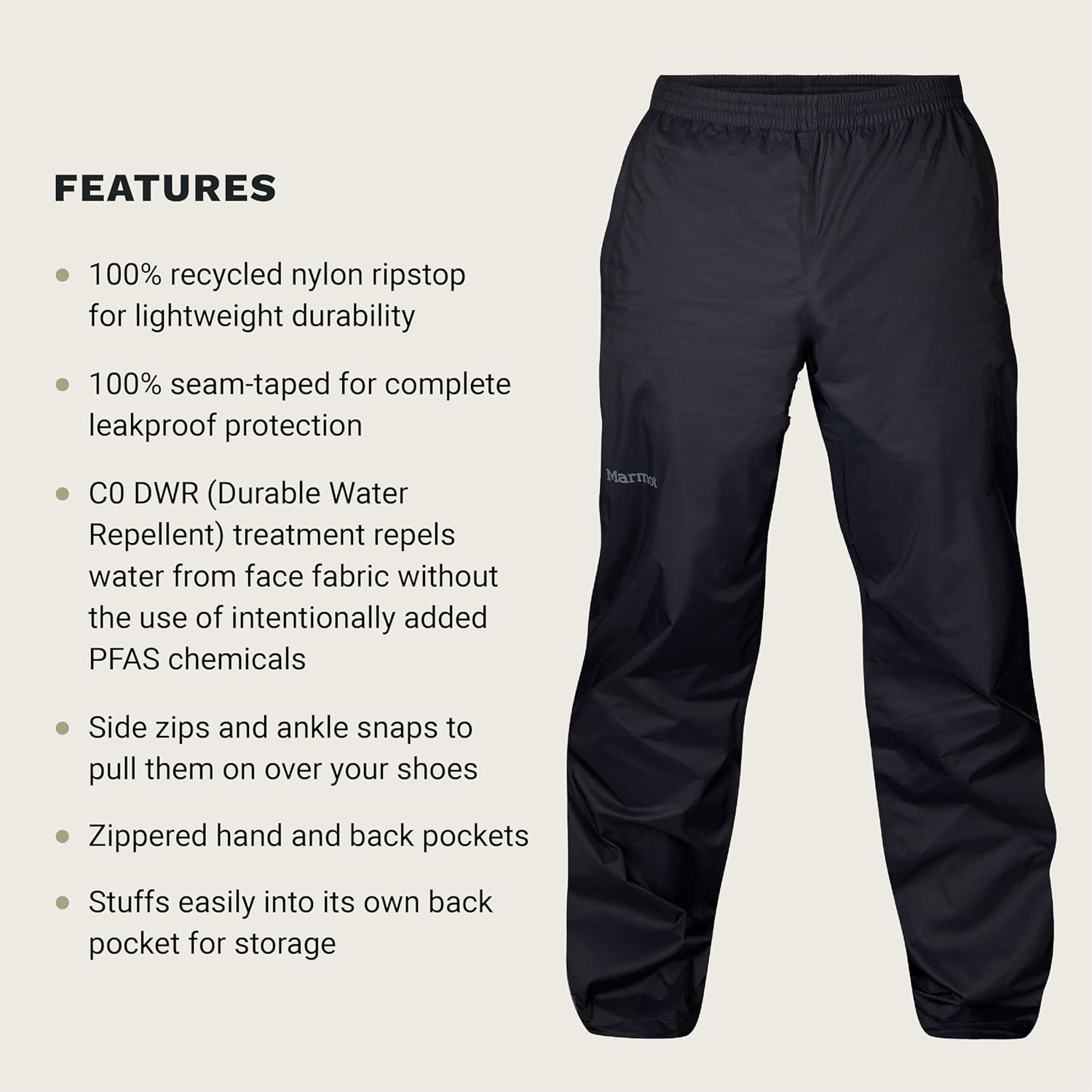 Detalle de MARMOT Men's PreCip Evo Rain Pant – Black, Large Short