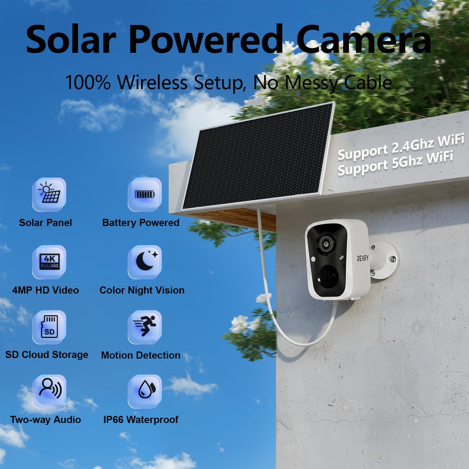 Thumbnail 1 de REIGY 4MP Telecamera WiFi 2,4/5GHz interna/esterna con batteria e pannello solare, audio bidirezionale, PIR e IP65