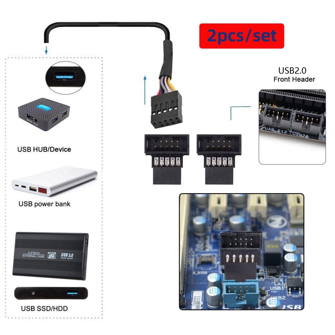Detalle 2 de chenyang USB 2.0 9Pin/10Pin Motherboard Header Verlängerungsstecker – 90° abgewinkelte Verbindung