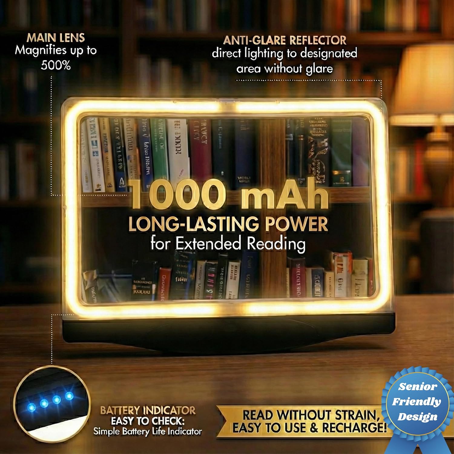 Detalle de MagniPros 5X Rechargeable Large Ultra Bright LED Page Magnifier with Anti-Glare Lens