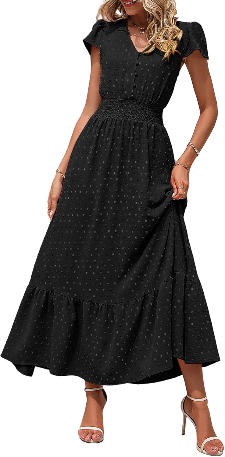 Detalle de PRETTYGARDEN 2026 Summer Maxi Dress — Boho Swiss Dot, V-Neck, Smocked Waist, Flowy Tiered Design