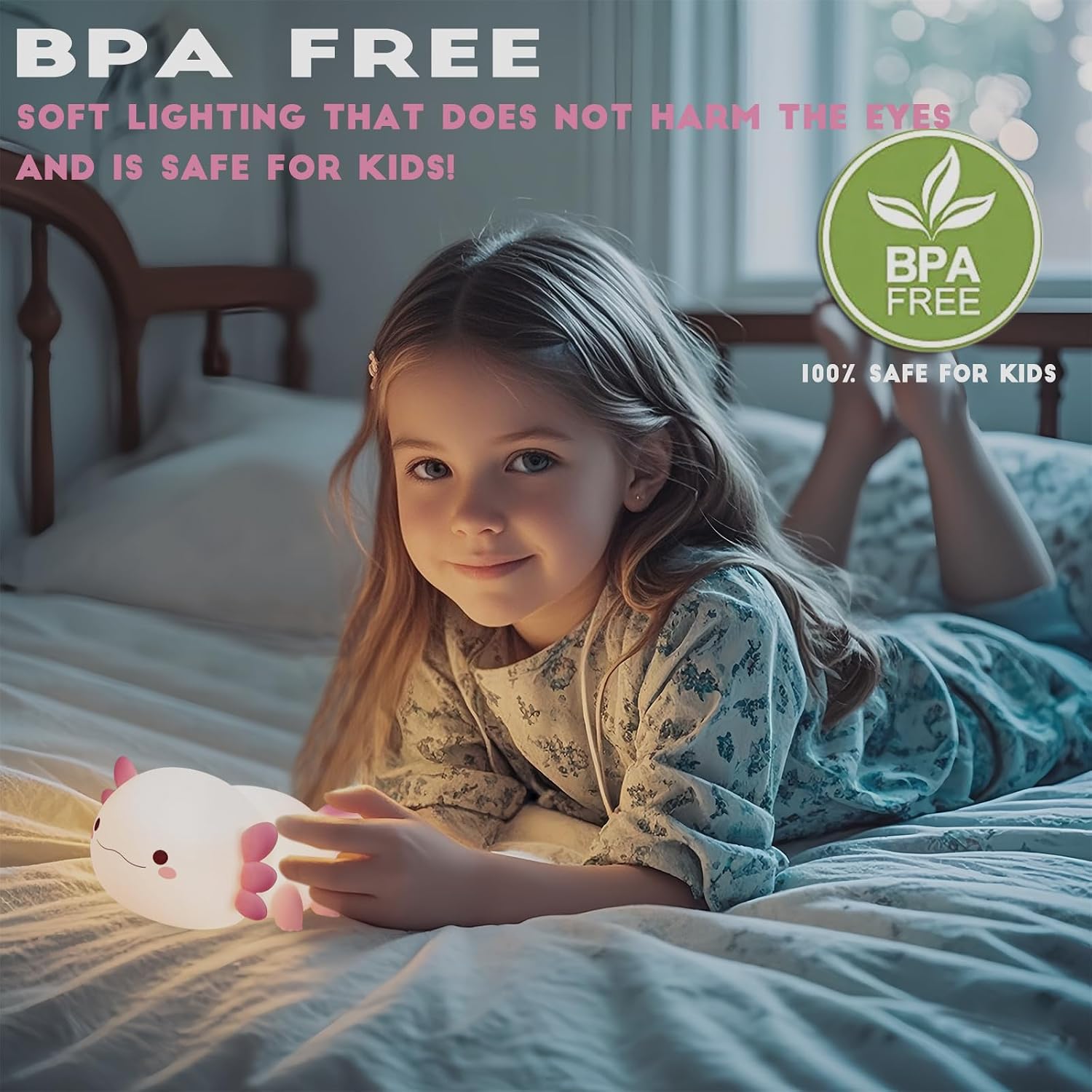Detalle 2 de HAPPYBAG Axolotl Silicone Night Light, Two Warm Light Settings, Timer