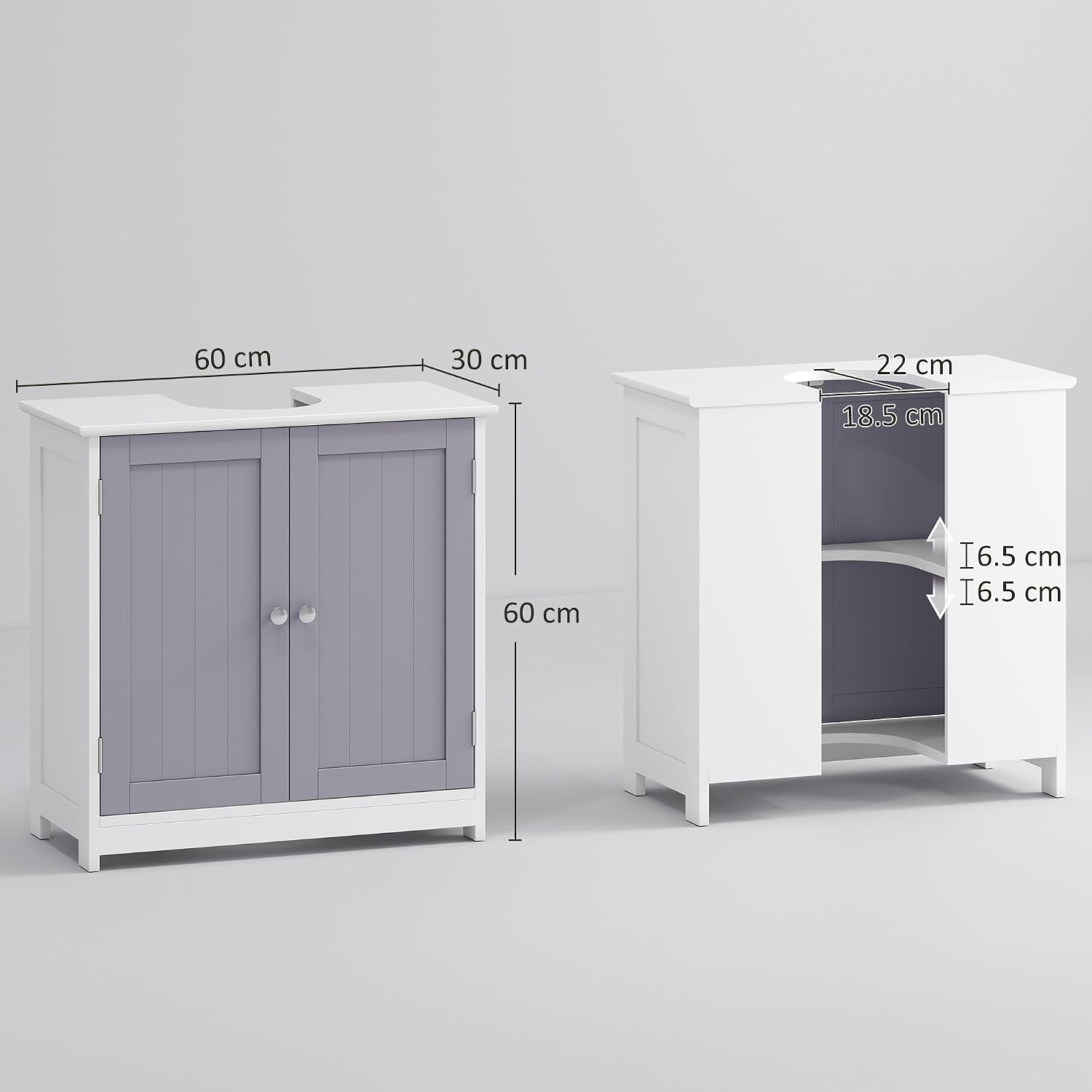 Thumbnail 2 de Meuble salle de bain sous lavabo kleankin (placard 2 portes avec étagère) en MDF gris & blanc
