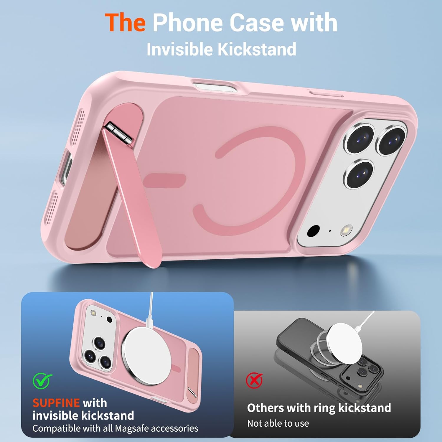 Detalle 2 de SUPFINE Magnetic iPhone 17 Pro Case, Translucent Matte Pink with Kickstand