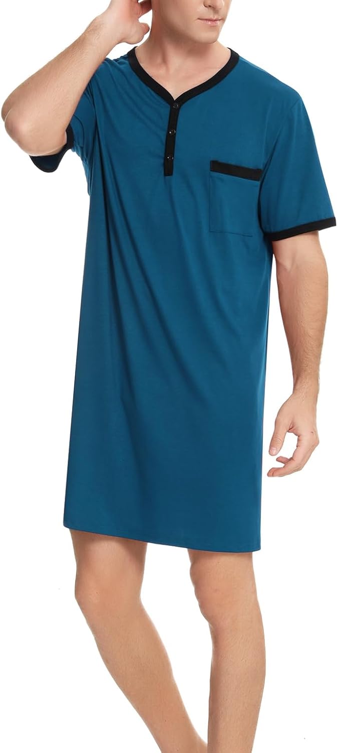 Detalle 2 de Men's Cotton Pyjama Tops: Breathable Knee-Length Nightwear with Button-Down Collar